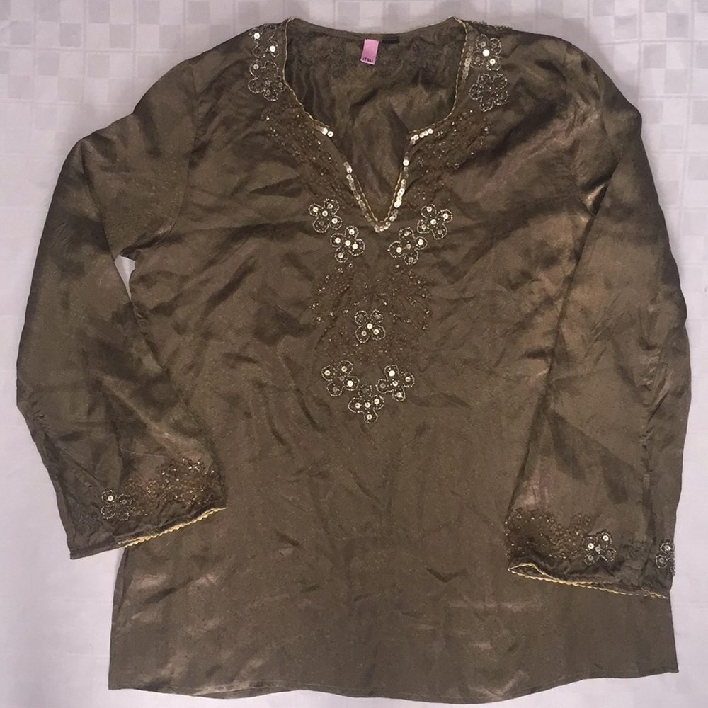 ITSU Silk Tunic Top Beaded Olive 10
